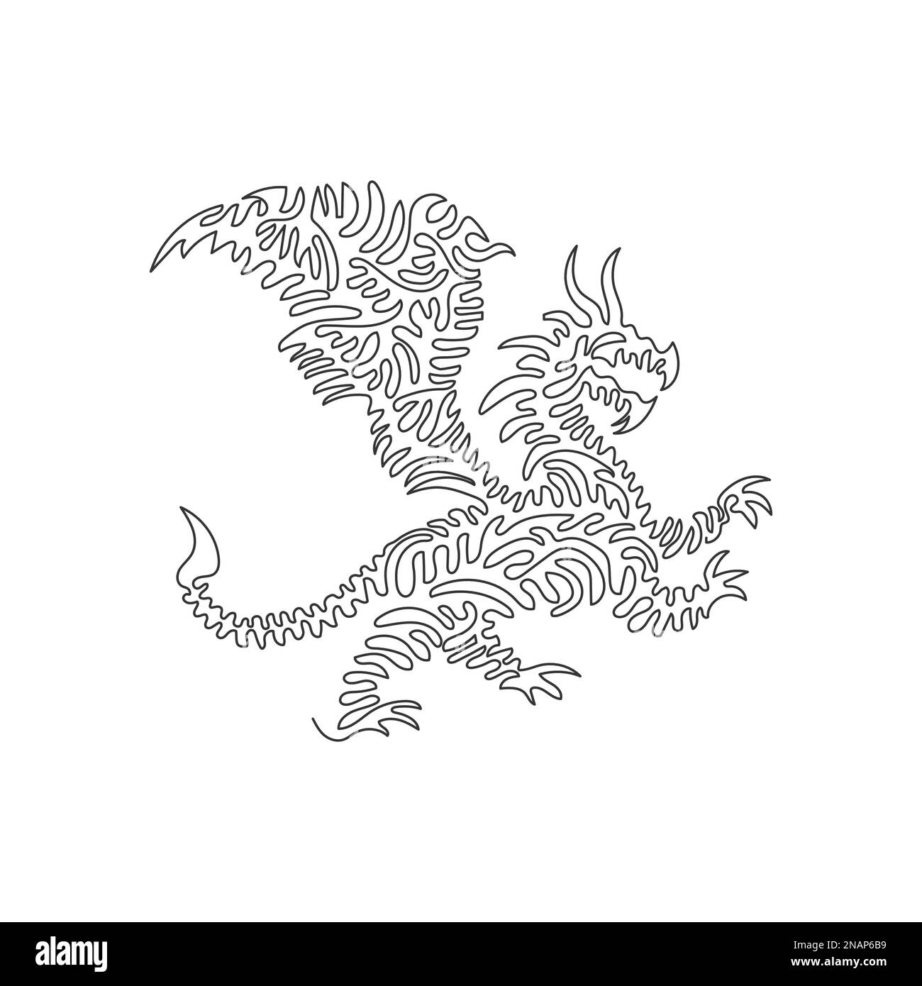 Simple tourbillon ligne continue dessin d'un puissant dragon mythique. Dessin en ligne continue dessin vectoriel style d'illustration de dragon à ailes et à griffes Illustration de Vecteur