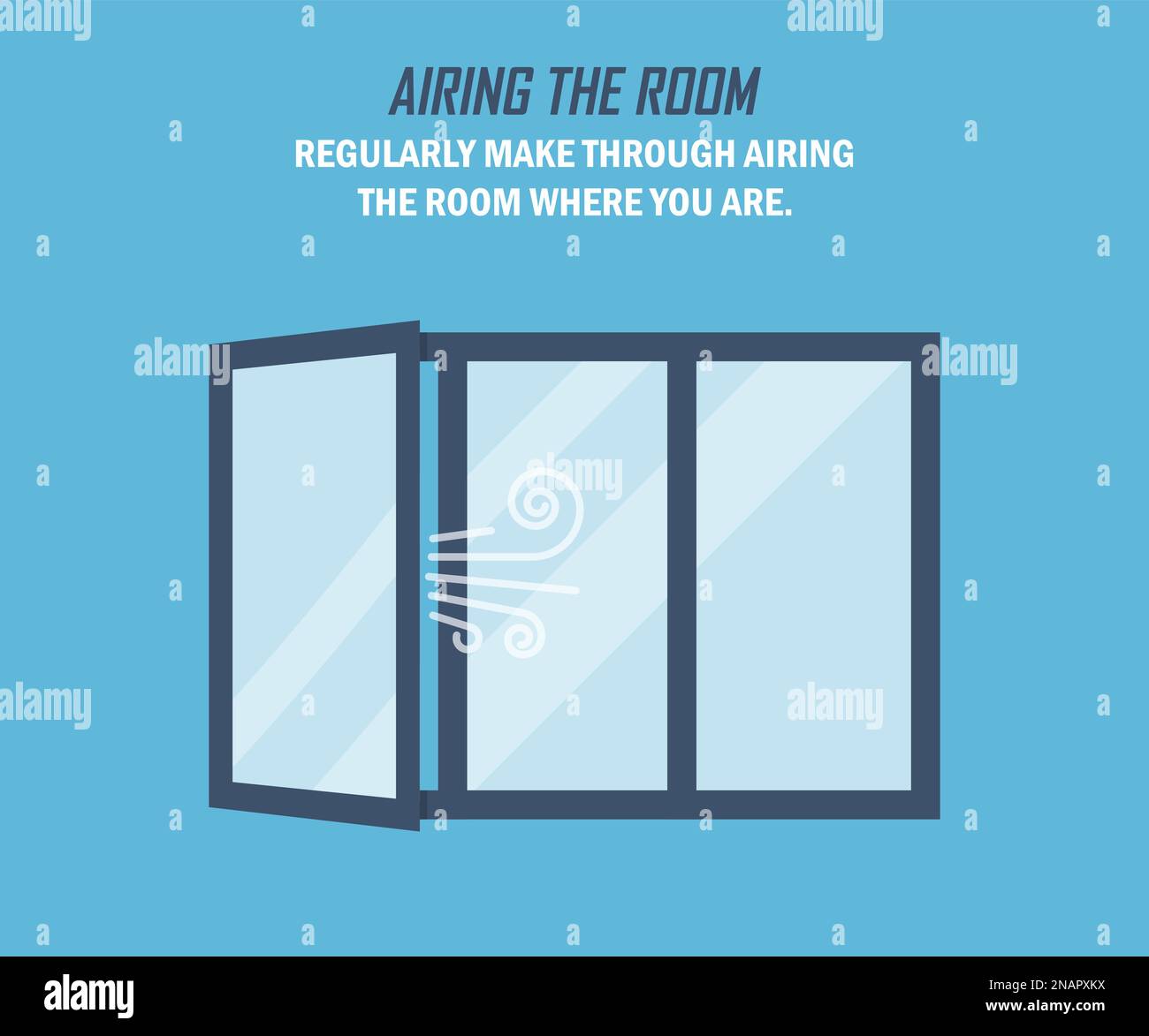 Recommandation lors d'une pandémie de coronavirus. Aération de la pièce. Ouvrez la fenêtre dans un design plat sur fond bleu Illustration de Vecteur