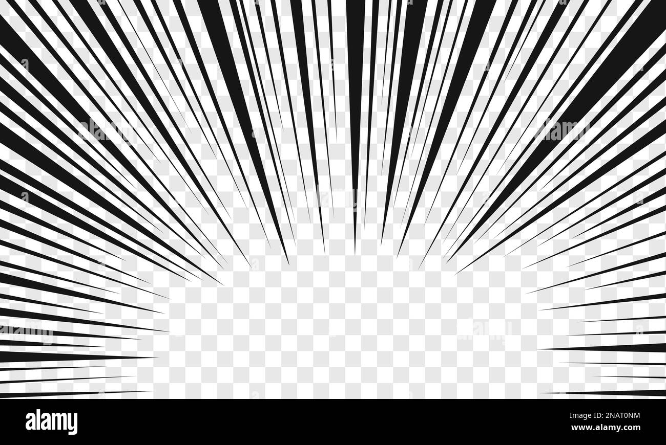 Accélérez les lignes noires sur fond transparent. Modèle de mise en valeur de l'anime comique. Conception de page de livre de Manga. Explosion légère, explosion, puissance, perche, cri Illustration de Vecteur