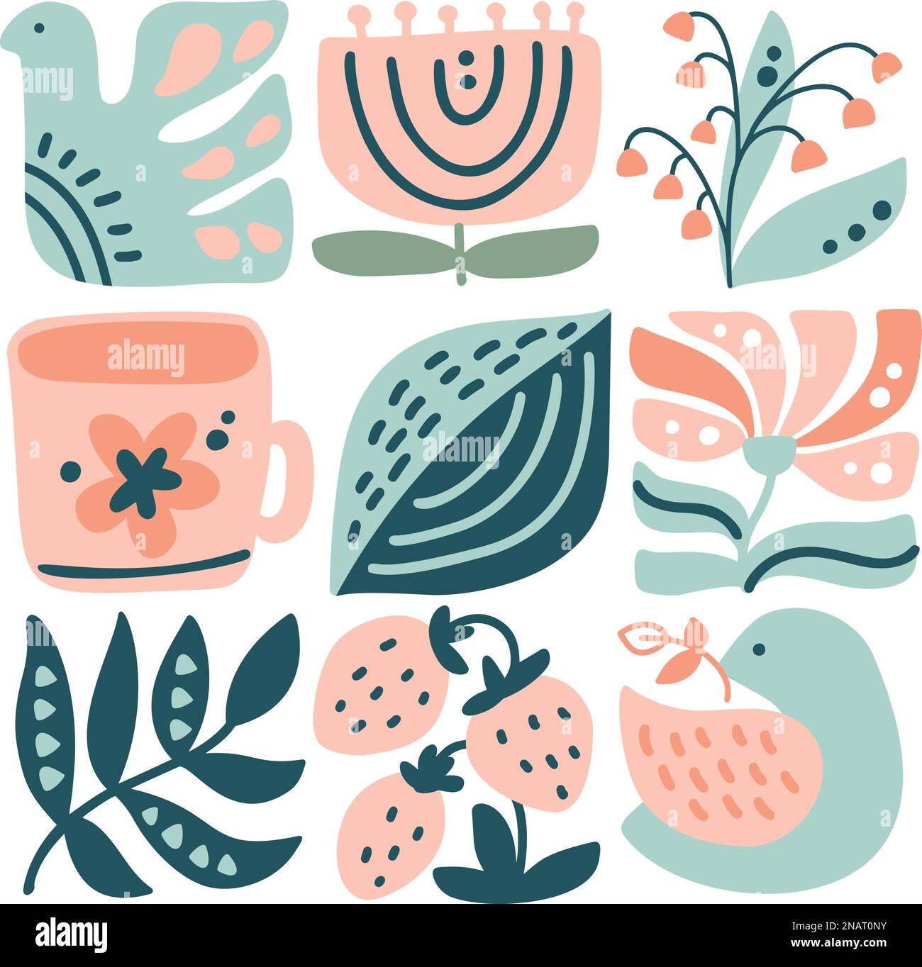 Motif de composition du logo ethnique du printemps vectoriel représentant l'oiseau, la fleur, la feuille, la fraise et la branche. Illustration de boho mignon dans un constructeur dessiné à la main en carré Illustration de Vecteur