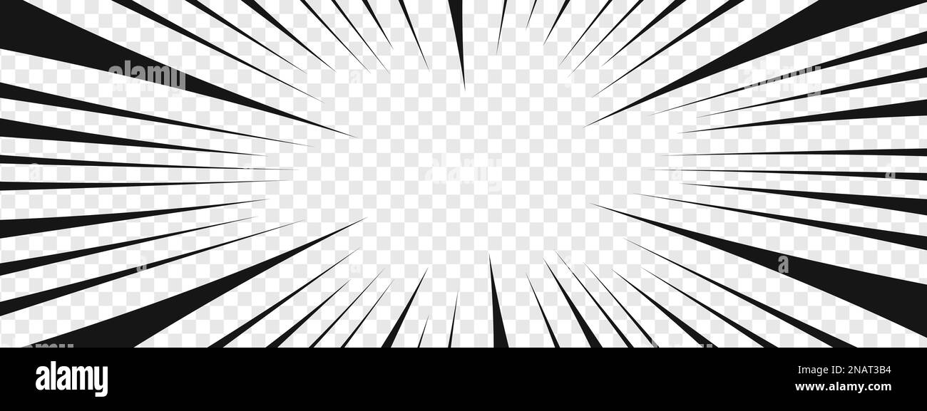 Effet graphique d'emphase dans la page de livre de manga de bande dessinée. Lignes noires radiales sur fond transparent. Visualisation de dessins animés de flash, de splash, d'explosion Illustration de Vecteur
