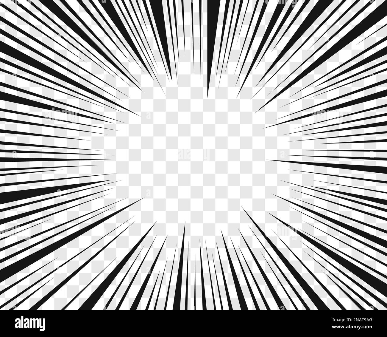 Conception de la page de livre de manga. Effet de mise en valeur de dessin animé. Lignes noires radiales sur fond transparent. Bande dessinée, explosion, puissance, cri, mouvement Illustration de Vecteur