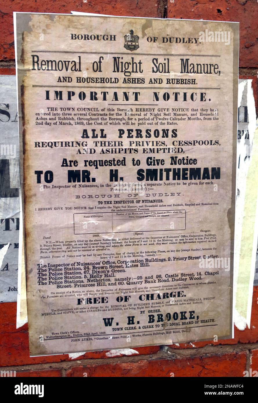 Arrondissement de Dudley, notification de l'enlèvement du fumier de nuit, y compris les cendres et les ordures ménagères - gratuit - M. H Smitheman Banque D'Images