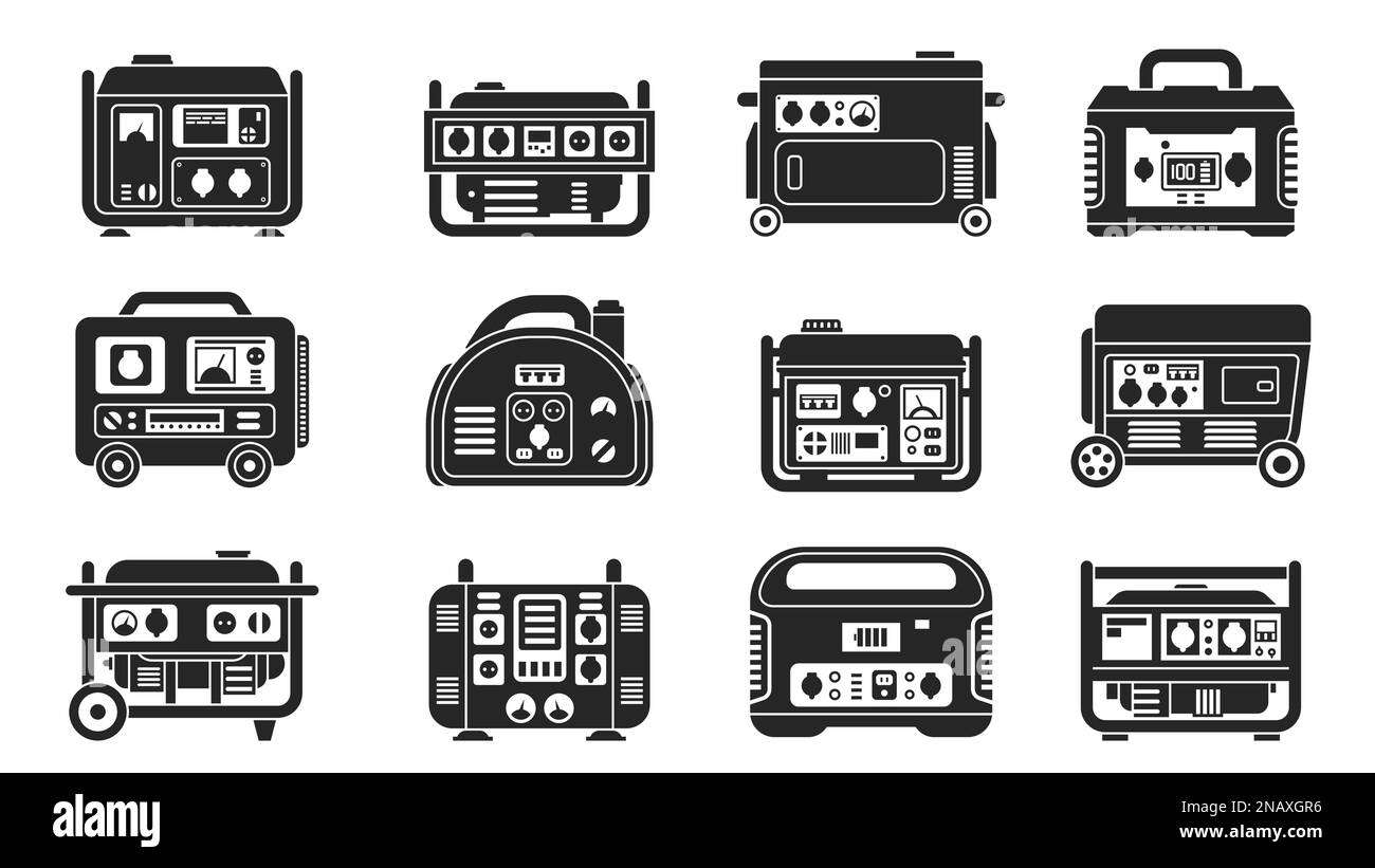 Icône de générateur noire. Alternateur de secours diesel à essence mobile, équipement d'énergie d'urgence portable générant de l'énergie électrique. Monochrome vectoriel Illustration de Vecteur