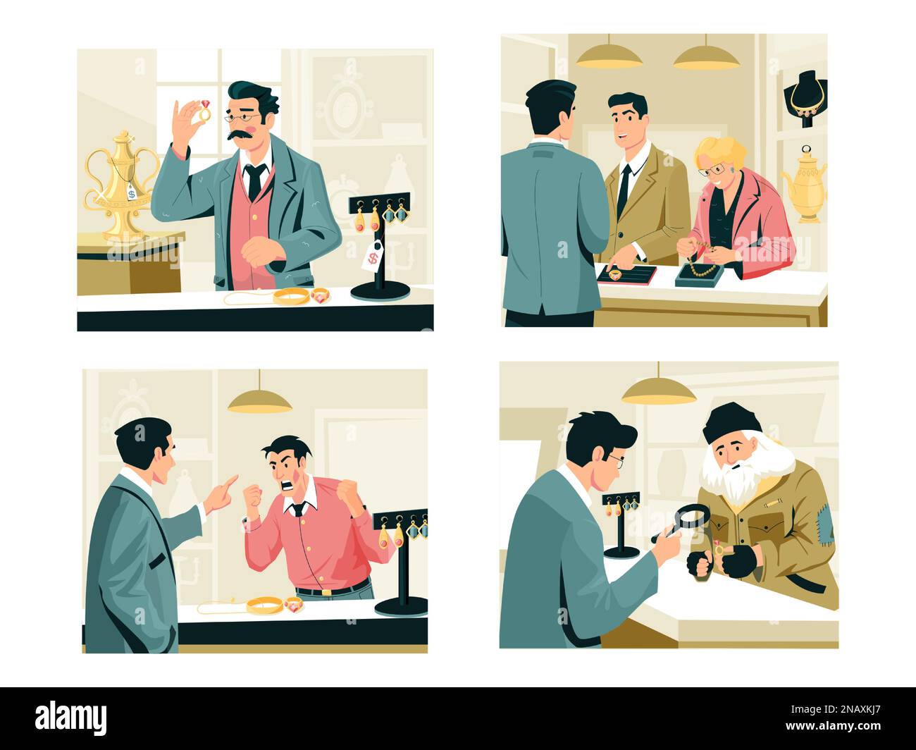 Vendre et acheter dans la boutique de prêt-à-payer. Pawnbroker jeweler arguent avec le client, vitrine de magasin de bijoux avec des choses précieuses coûteuses style de dessin animé. Ensemble de vecteurs Illustration de Vecteur