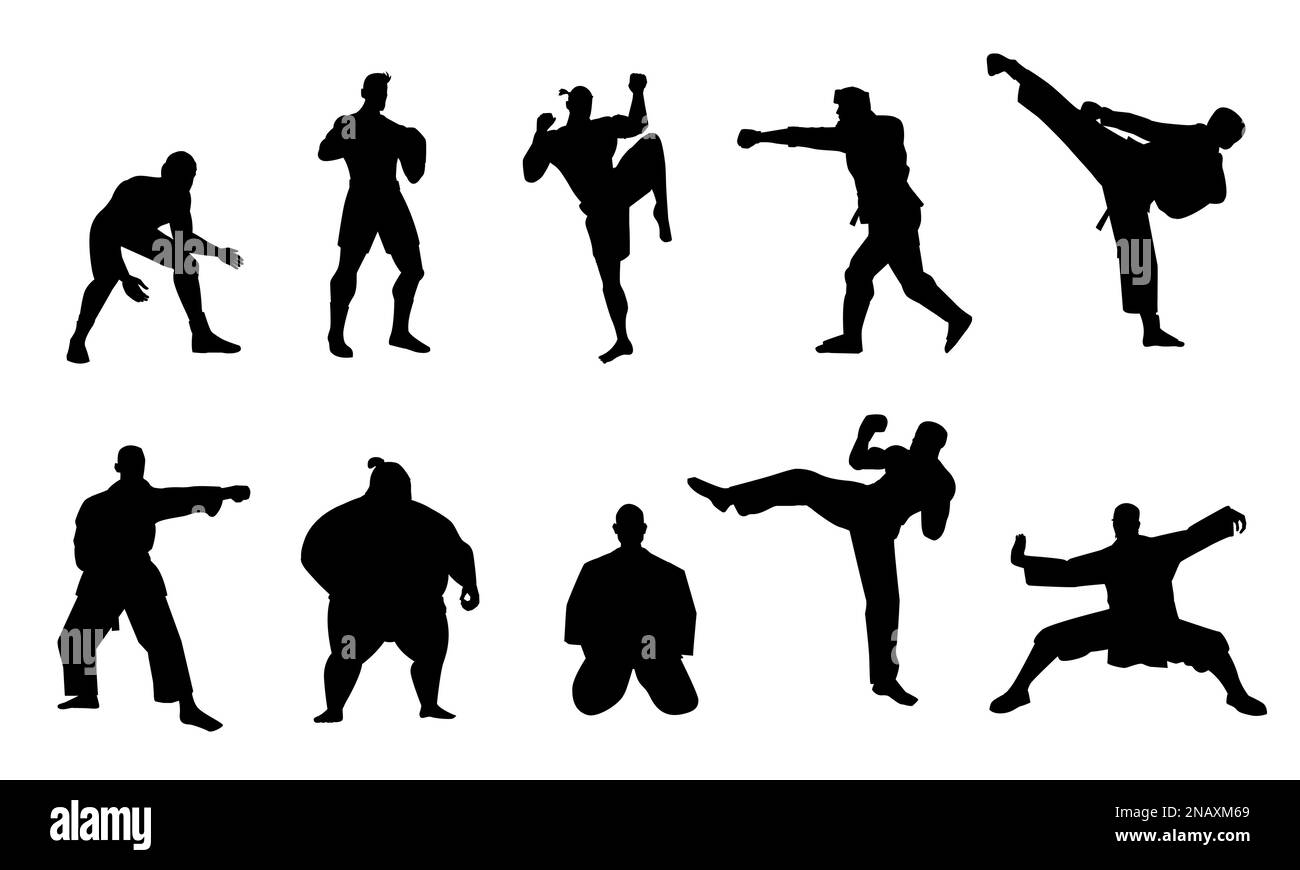 Silhouettes des combattants martiaux. Les personnages noirs des athlètes puntent les adversaires et le concept traditionnel des arts de combat. Collection de vecteurs Illustration de Vecteur
