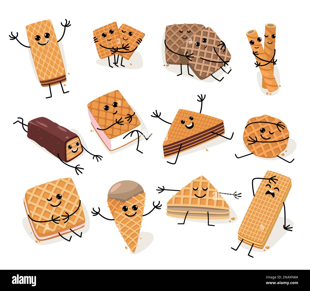 Personnages de dessin animé gaufré. Des crowaii joyeux et mignons sur des en-cas de galette belge croustillants, un délicieux dessert belge, une mascotte amusante avec des expressions du visage Illustration de Vecteur
