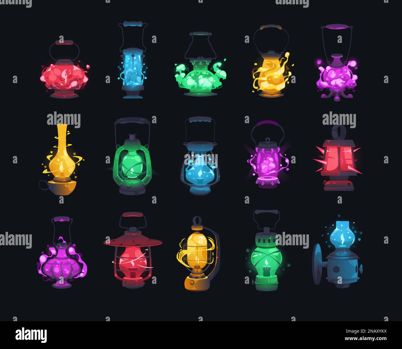 Lanterne magique. FANTASY Night LAMP dessin animé à plat pour ui Asset, matériel d'éclairage de conte de fées concept de jeu vidéo. Collection à vecteur isolé Illustration de Vecteur
