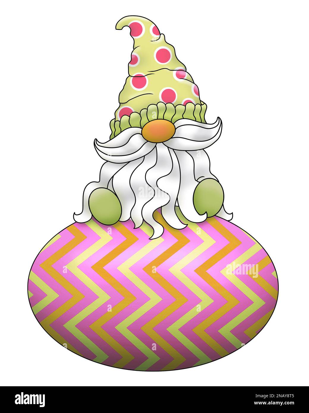 Illustration d'un joli gnome barbu assis sur un œuf de Pâques de couleur. Fond blanc. Banque D'Images