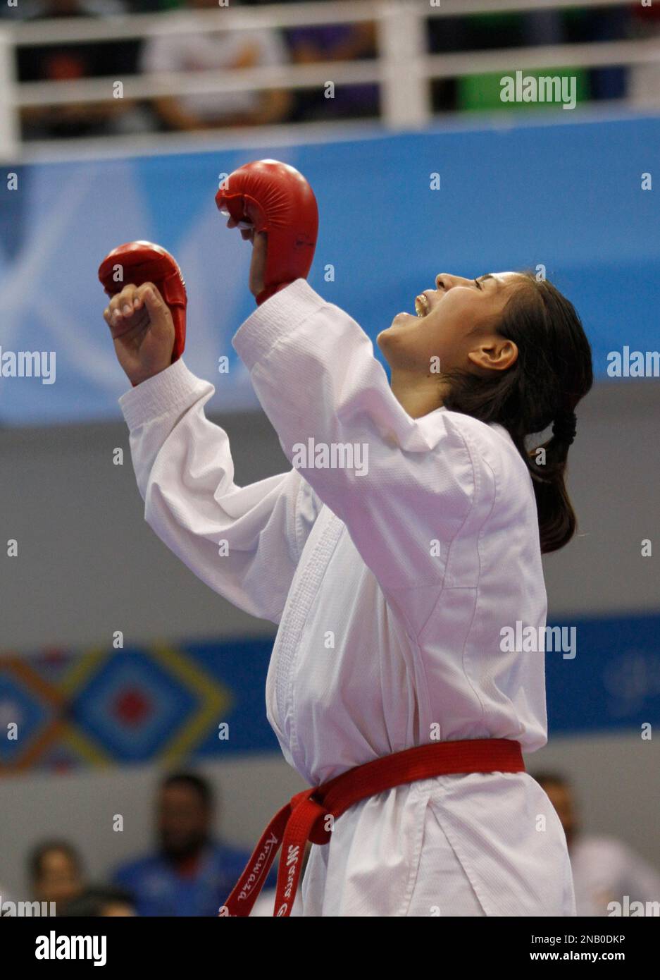 Gold medal winner El Salvador´s Maria Castellanos celebrates at the end of the karate women´s +68kg finals at the Pan American Games in Guadalajara, Mexico, Thursday Oct. 27, 2011. (AP Photo/Bernardo De Niz) Banque D'Images