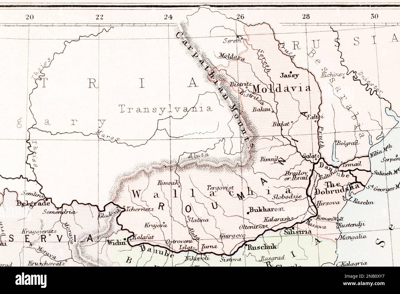 1893 carte historique de l'atlas de la Roumanie et de la Moldavie. Après 1866 déclaration du royaume de Roumanie. Banque D'Images