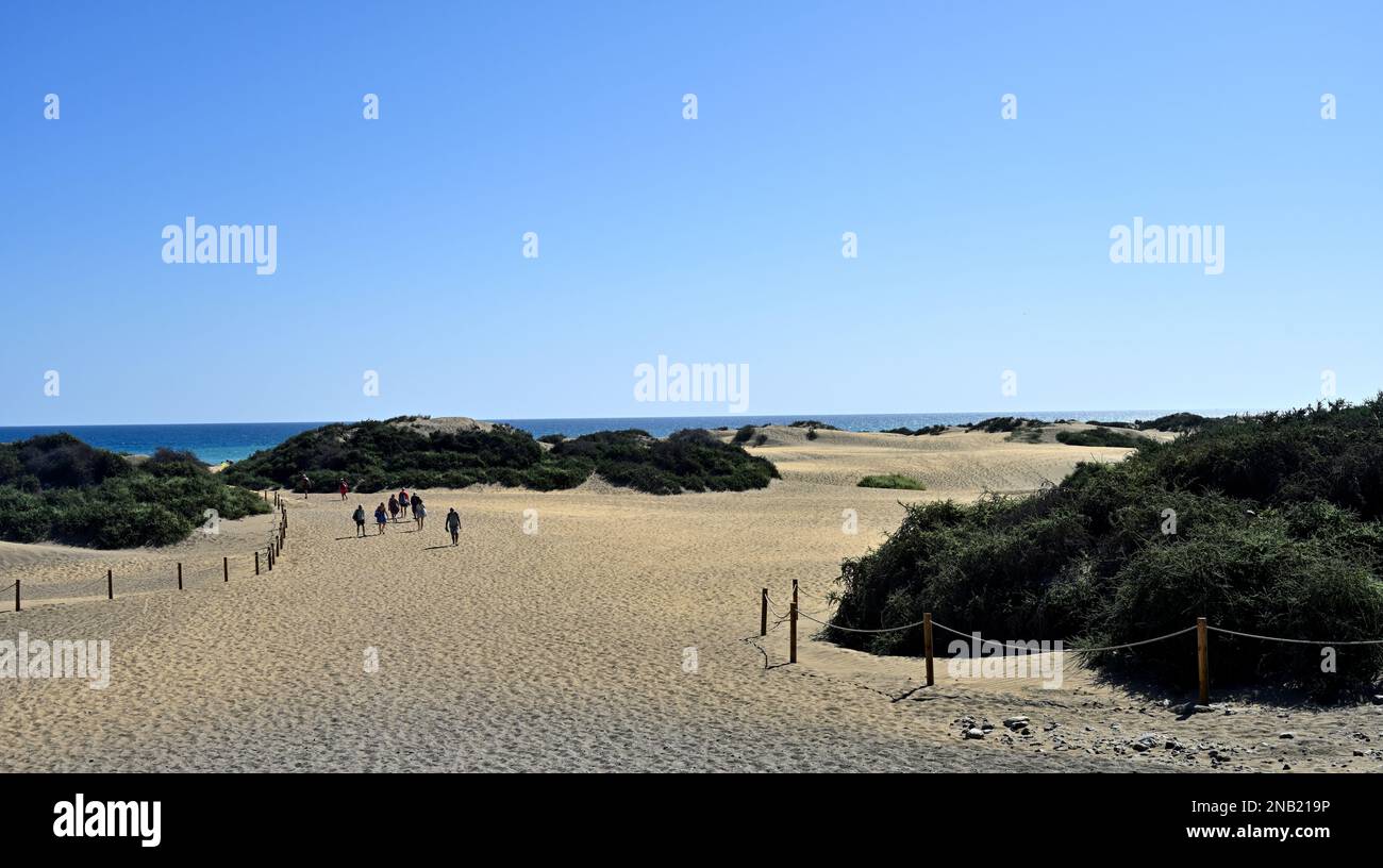 Personnes marchant à travers les dunes de sable de Maspalomas, les îles Canaries Banque D'Images