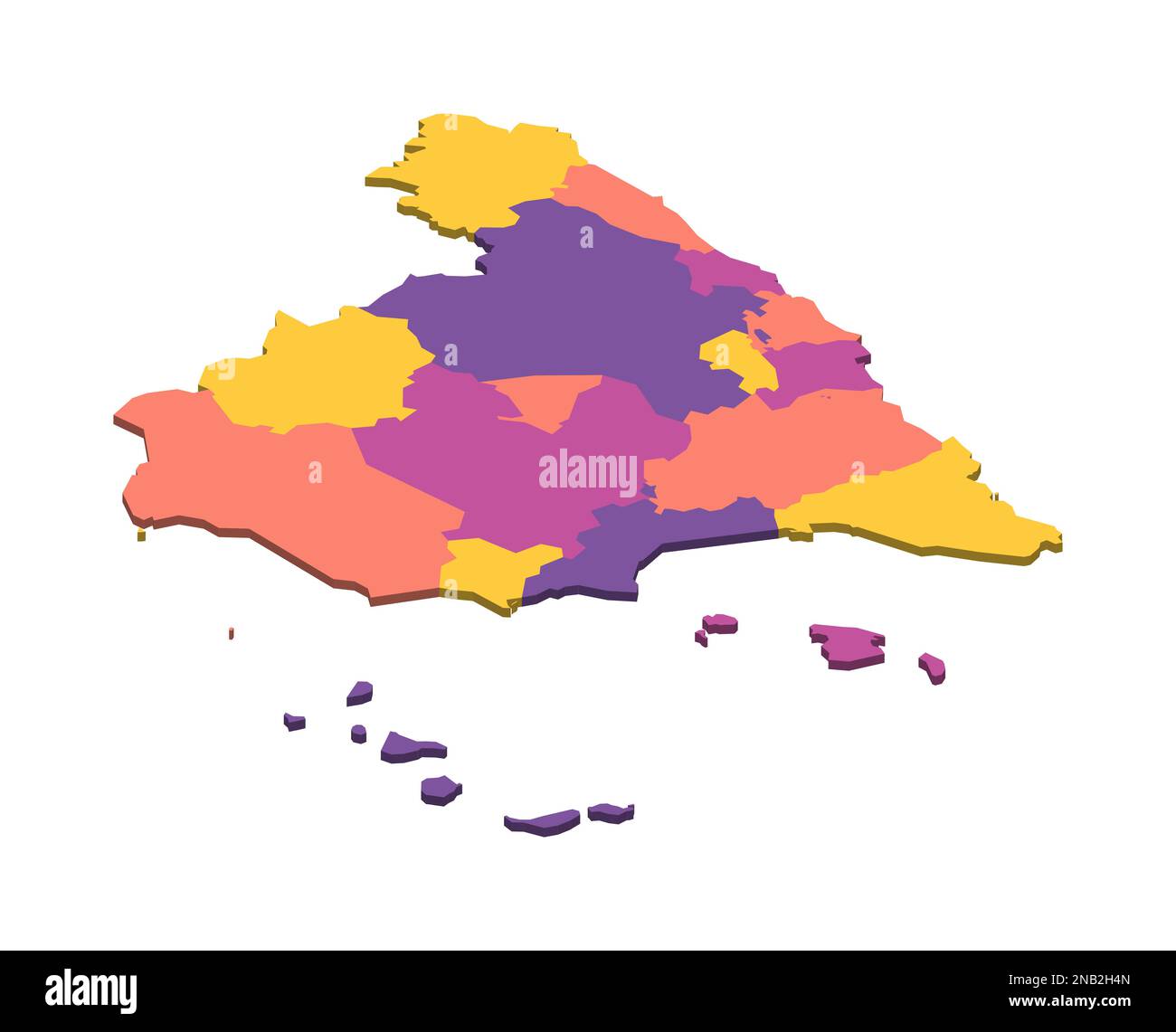 Espagne carte politique des divisions administratives - communautés autonomes et villes autonomes de Ceuta et Melilla. Carte vectorielle vierge isométrique 3D en quatre couleurs. Illustration de Vecteur