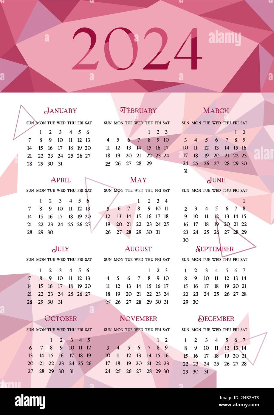 calendrier 2024. La semaine commence le dimanche. Design géométrique en  poly bas. Calendrier 2024 en anglais. Page verticale A4 Image Vectorielle  Stock - Alamy