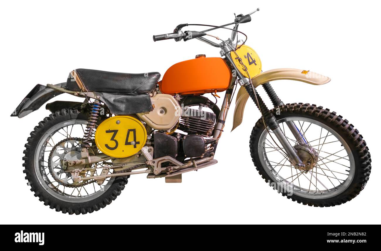 Moto tout terrain isolée Vintage (moto Dirt-Bike) sur Fond blanc Banque D'Images