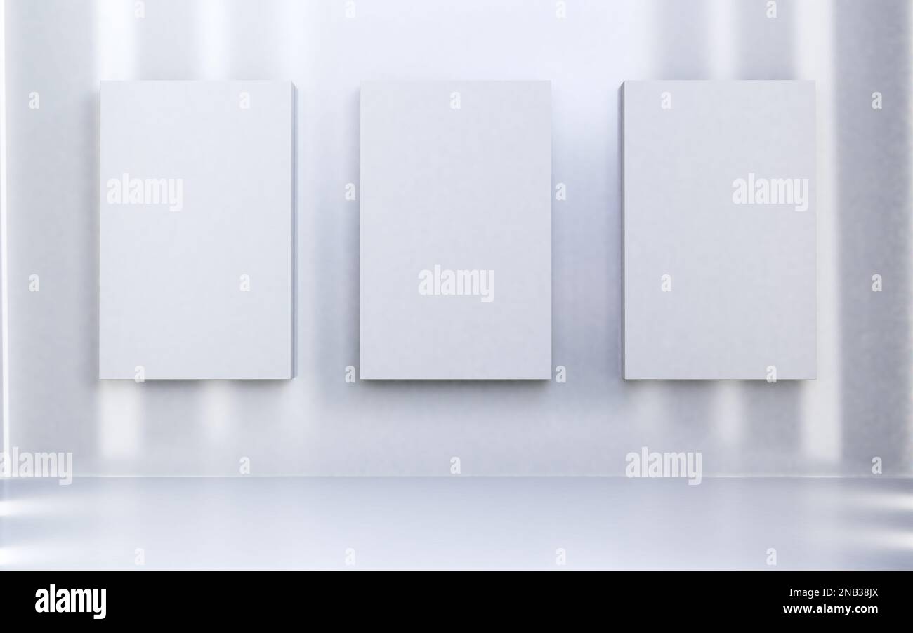 3D rendu de mur en béton avec triptyque en toile et sol antique en ciment avec éclairage de fenêtre.vide salle d'exposition de peintures. Banque D'Images