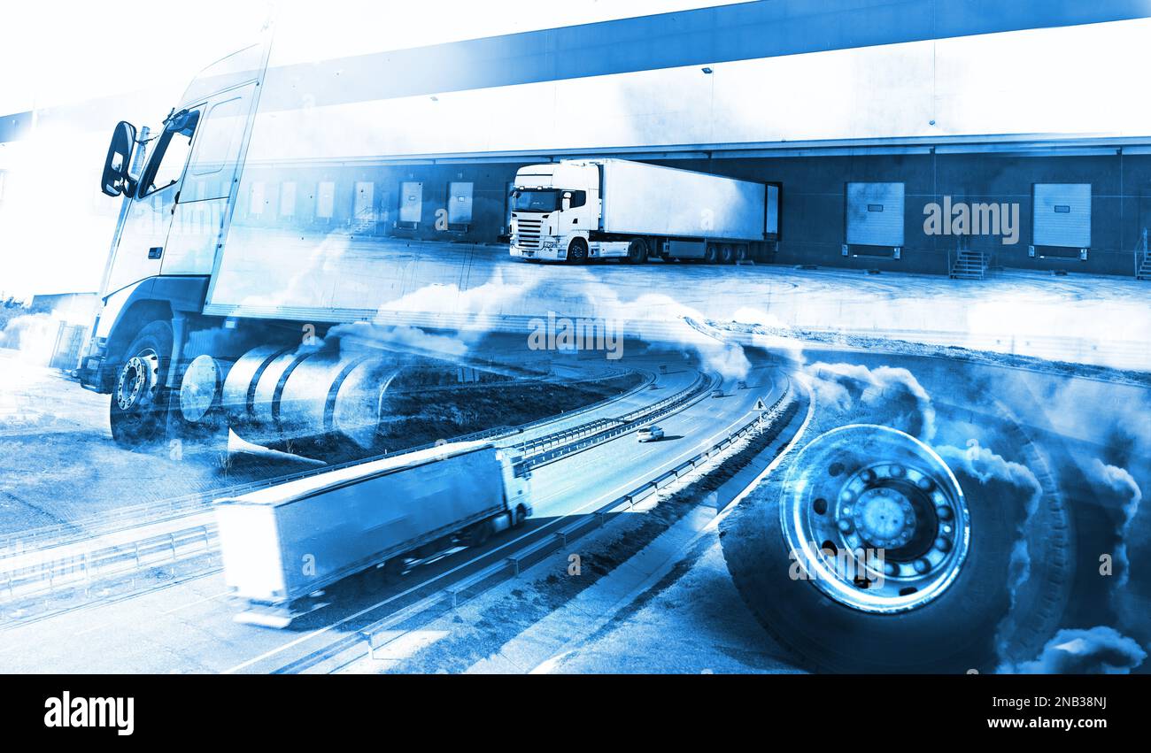 Résumé contexte camions et transport.autoroute et livraison.camions et voitures roulant sur la route.Logistique et entreposage.Résumé Design. Banque D'Images