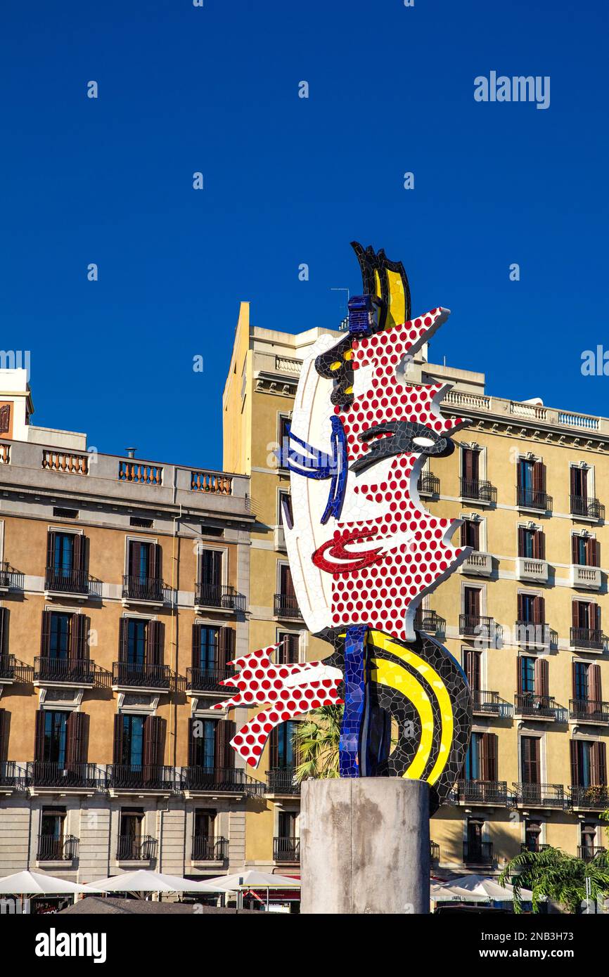El Cap de Barcelona (1991-92) sculpture de Roy Lichtenstein, Passeig de Colom, Barcelone, Espagne Banque D'Images