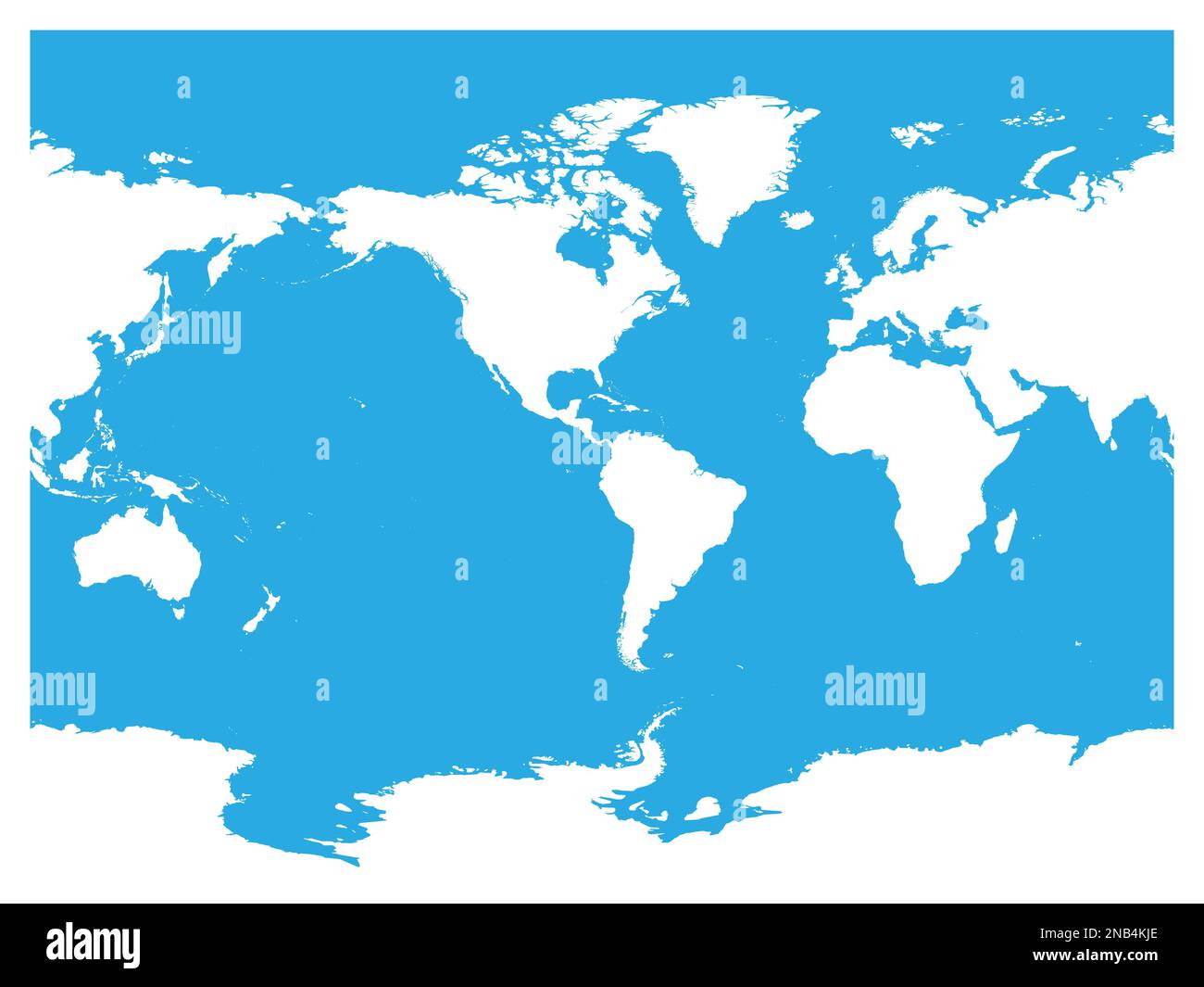 Carte du monde centrée sur l'Australie et l'océan Pacifique. Silhouette blanche haute précision sur fond bleu. Illustration vectorielle. Illustration de Vecteur