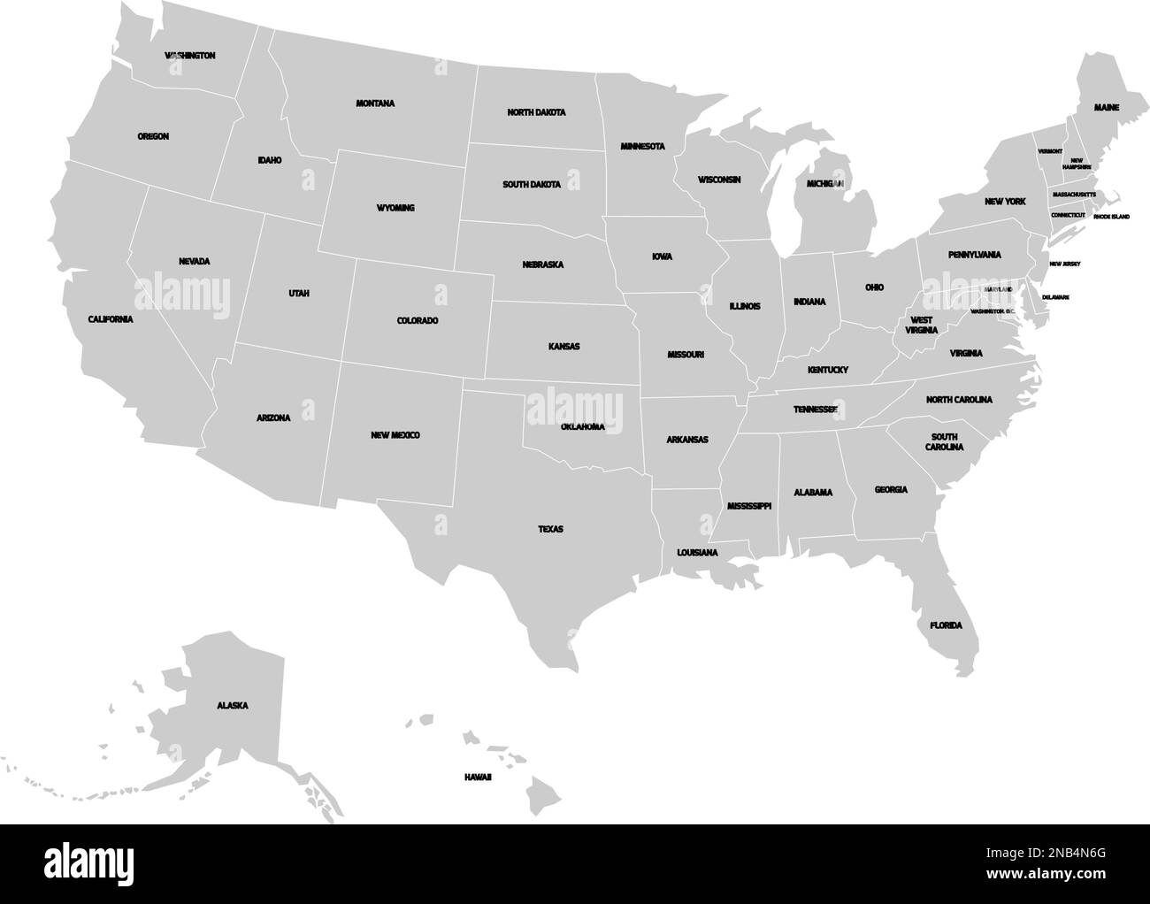 Carte des États-Unis d'Amérique avec le nom de chaque État. Carte vectorielle grise simplifiée sur fond blanc et étiquettes noires. Illustration de Vecteur