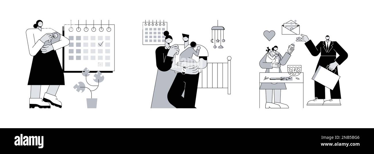 Kit d'illustrations vectorielles de concept abstrait Care for Children and Family. Congé de maternité et parental, soutien de famille, bureau à domicile, femme enceinte, nouveau-né, la famille a besoin de soutien métaphore abstraite. Illustration de Vecteur