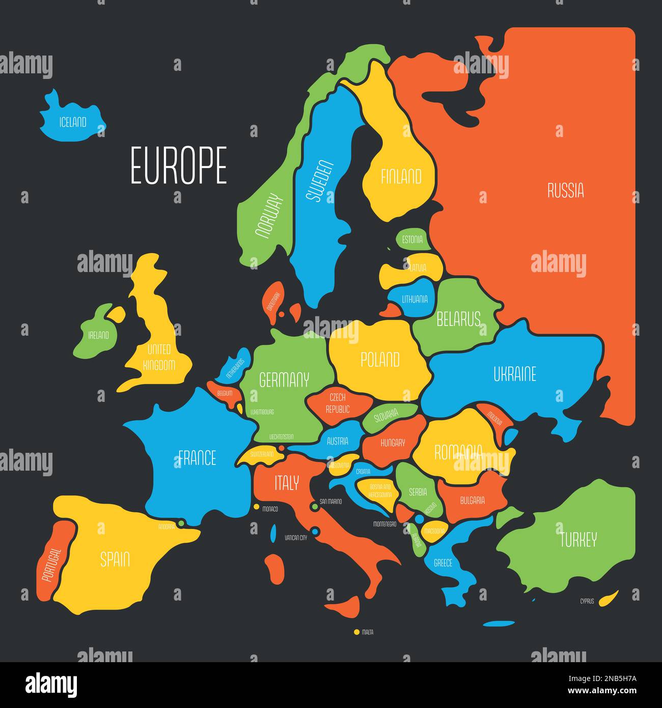 Carte simplifiée de l'Europe. Formes arrondies des États avec bordure lissée. Carte vectorielle simple et colorée avec noms de pays. Illustration de Vecteur