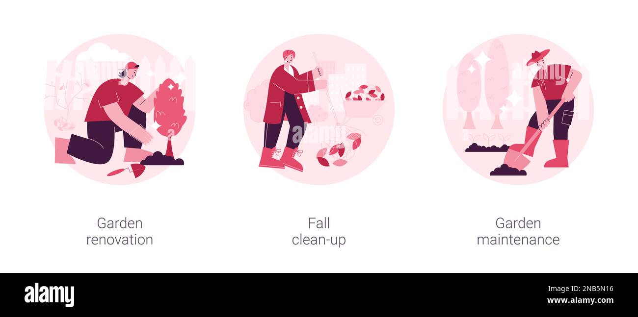 Ensemble d'illustrations vectorielles abstraites pour le service d'aménagement paysager. Rénovation et entretien de jardins, nettoyage d'automne, semis de plantes, lit de fleurs, taille de haies, paillage, métaphore abstraite de l'enlèvement des feuilles. Illustration de Vecteur