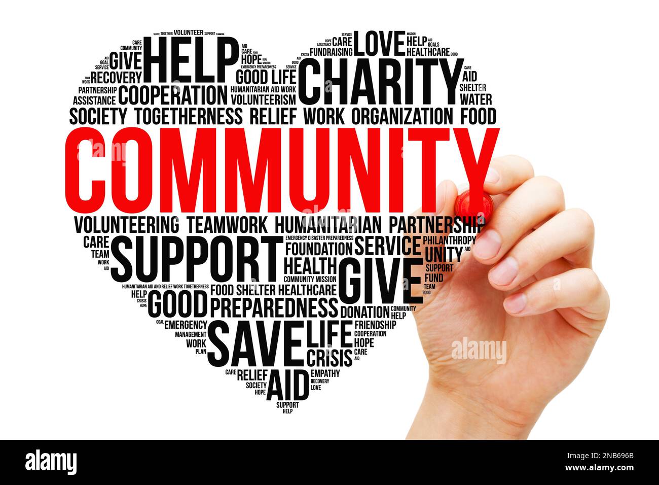 Écriture manuelle nuage de mot de communauté en forme de coeur. Concept de charité, de travail humanitaire ou d'empathie. Banque D'Images