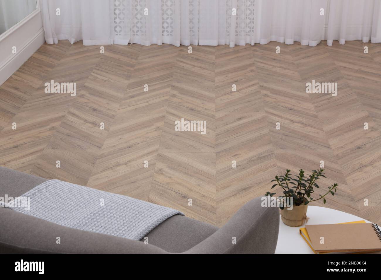 Salon moderne avec parquet et mobilier élégant Banque D'Images
