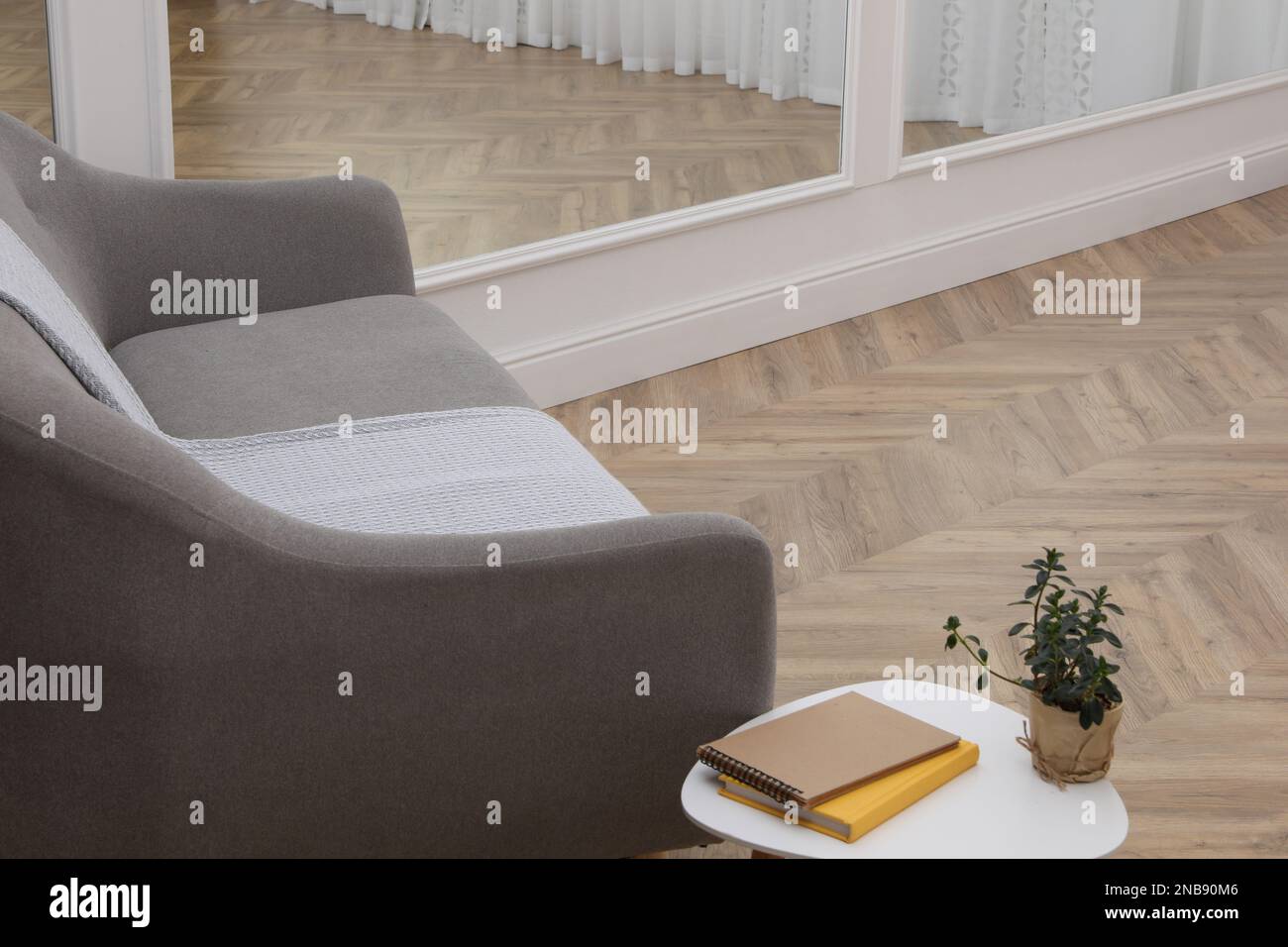 Salon moderne avec parquet et mobilier élégant Banque D'Images