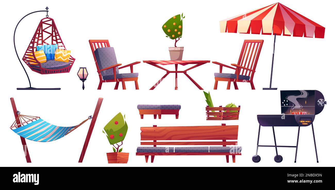 Ensemble de dessins animés de meubles de jardin isolés sur fond blanc. Illustration vectorielle d'une table, d'un banc et de chaises en bois, d'un grill, d'un parasol, d'un hamac et d'un fauteuil de main. Barbecue à la maison sur la terrasse d'été Illustration de Vecteur