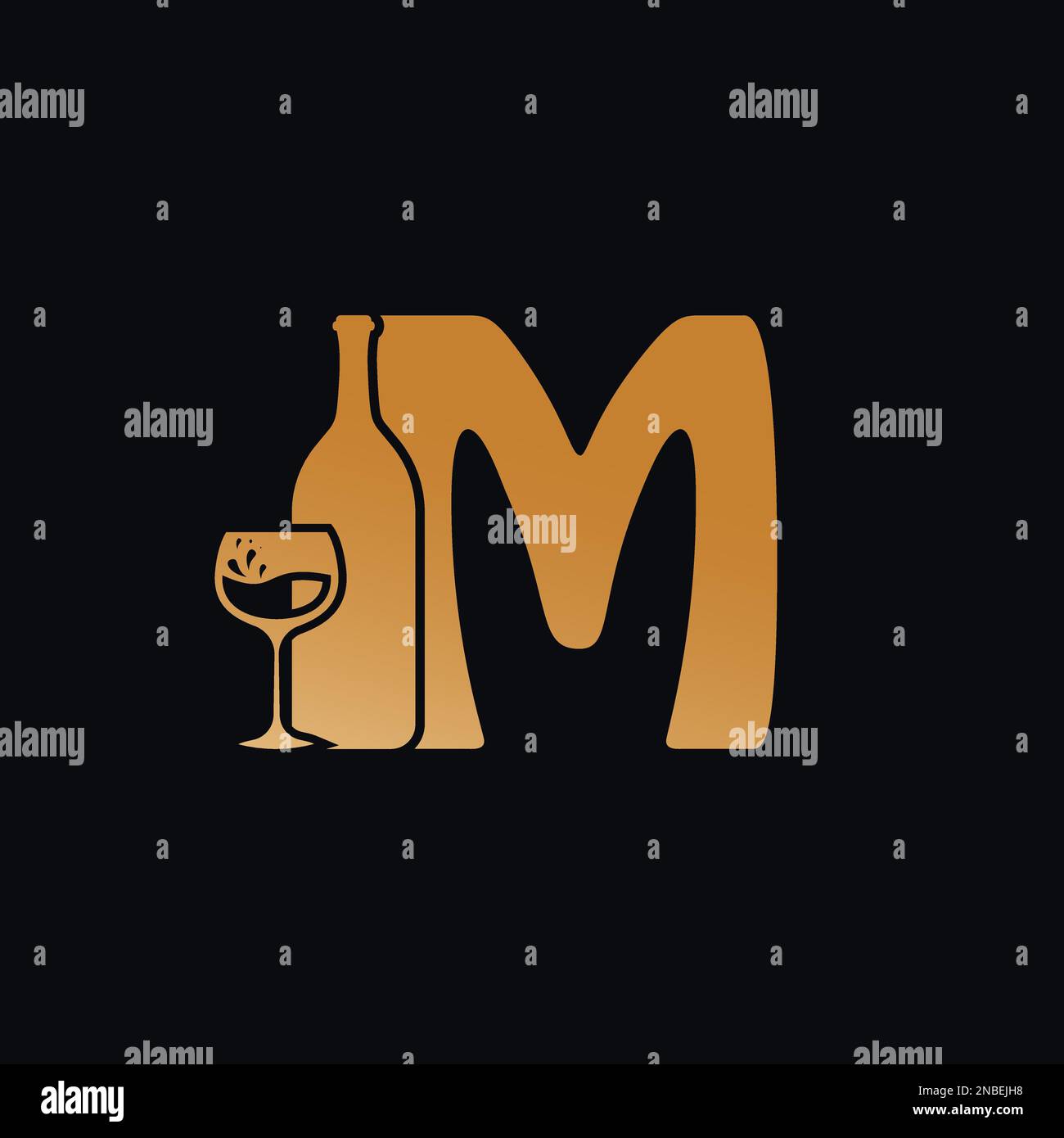 Logo lettre M avec motif bouteille de vin Illustration vectorielle sur fond noir. Logo lettre M en verre à vin Illustration de Vecteur