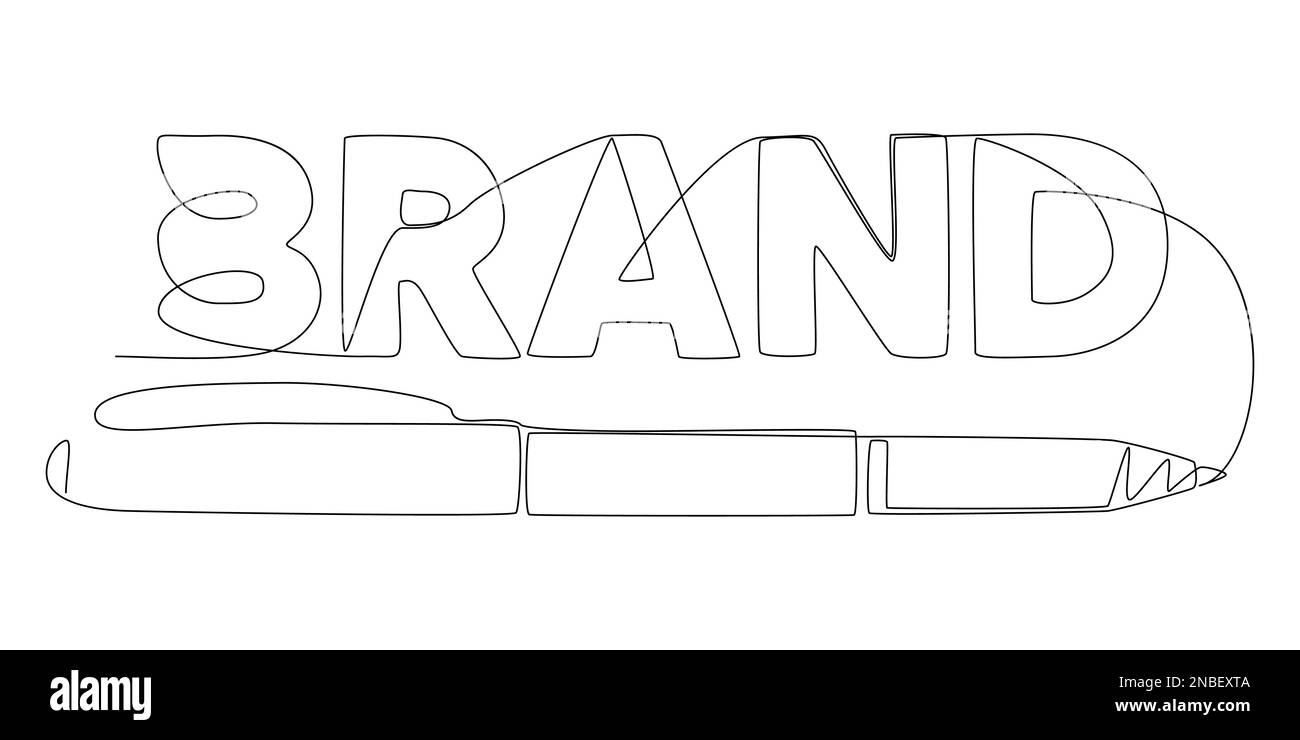 Une ligne continue de mot de marque écrit avec un crayon ou un stylo feutre. Concept de vecteur d'illustration à trait fin. Dessin de contour idées créatives. Illustration de Vecteur