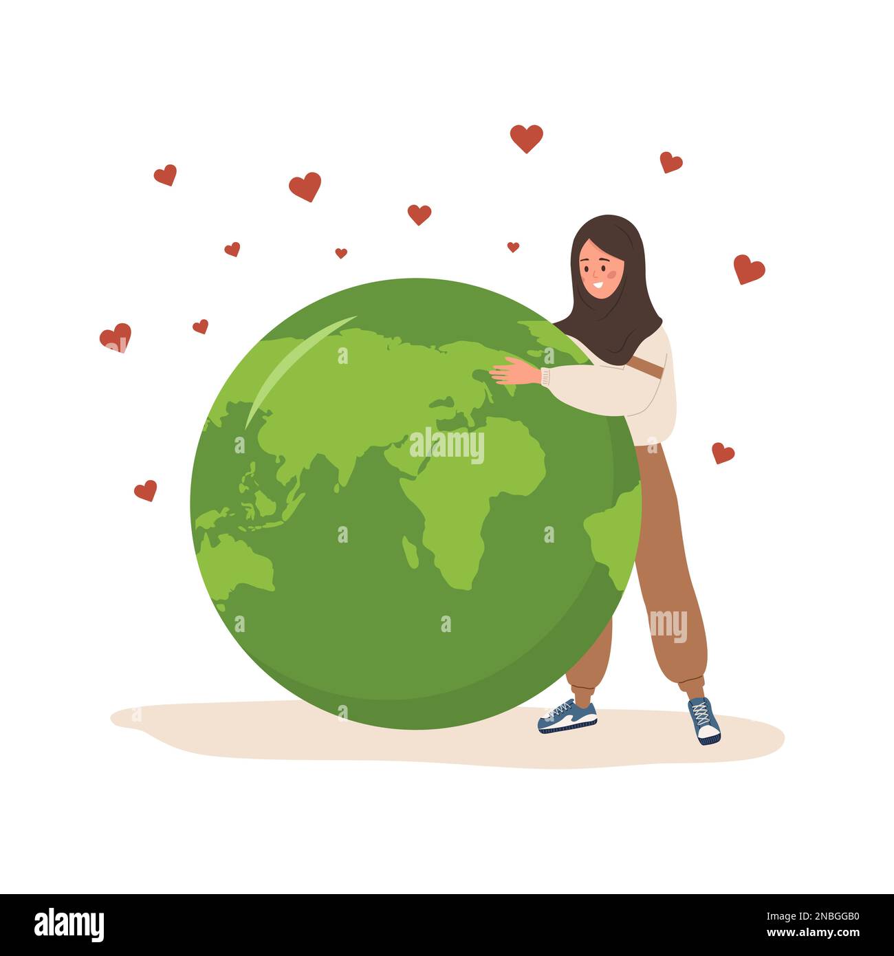 Enregistrez le concept de planète. Femme arabe souriante à côté d'un grand globe. Journée internationale de la Terre mère. Prendre soin de la nature et de l'environnement. Vecteur Illustration de Vecteur