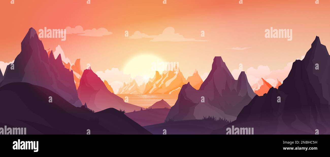 Paysage de montagnes pendant le coucher du soleil fond avec lac ensoleillé et sombre pics illustration vectorielle plate Illustration de Vecteur