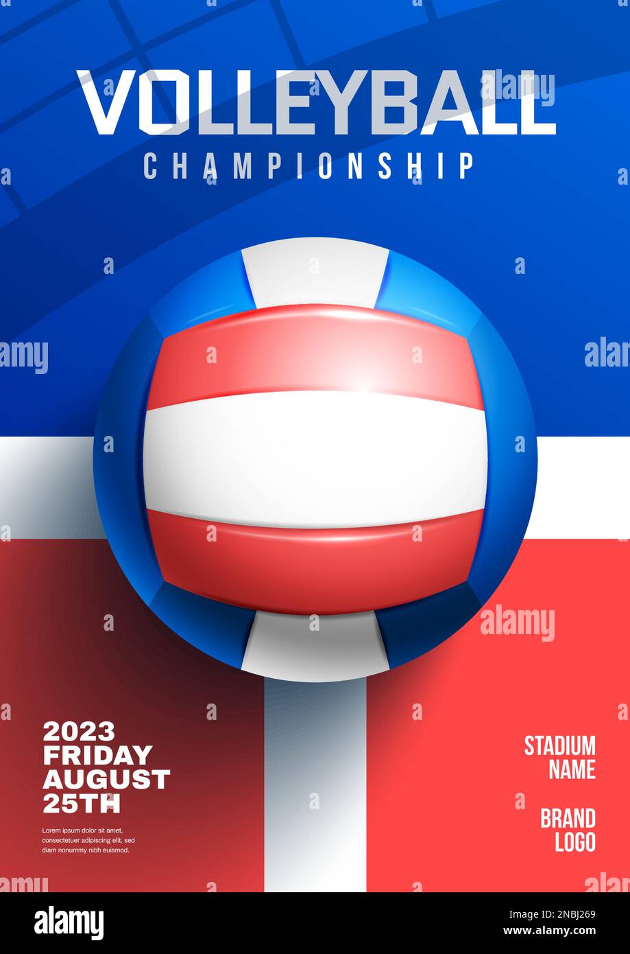 Publicité de match de volley-ball de championnat affiche verticale réaliste avec boule en bleu blanc et rouge couleurs vecteur illustration Illustration de Vecteur