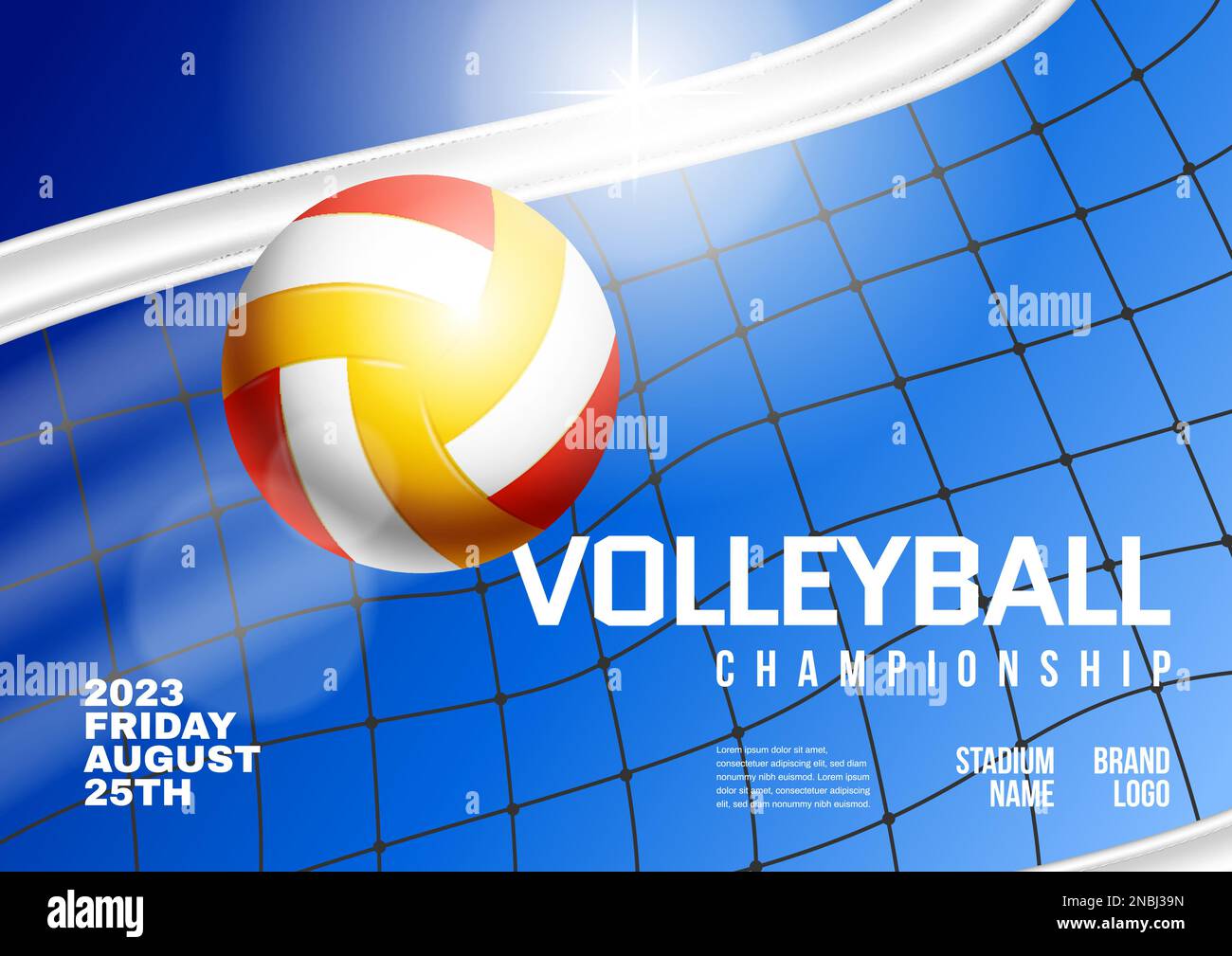 Championnat de volley affiche horizontale réaliste avec balle et filet sur fond bleu illustration vectorielle Illustration de Vecteur
