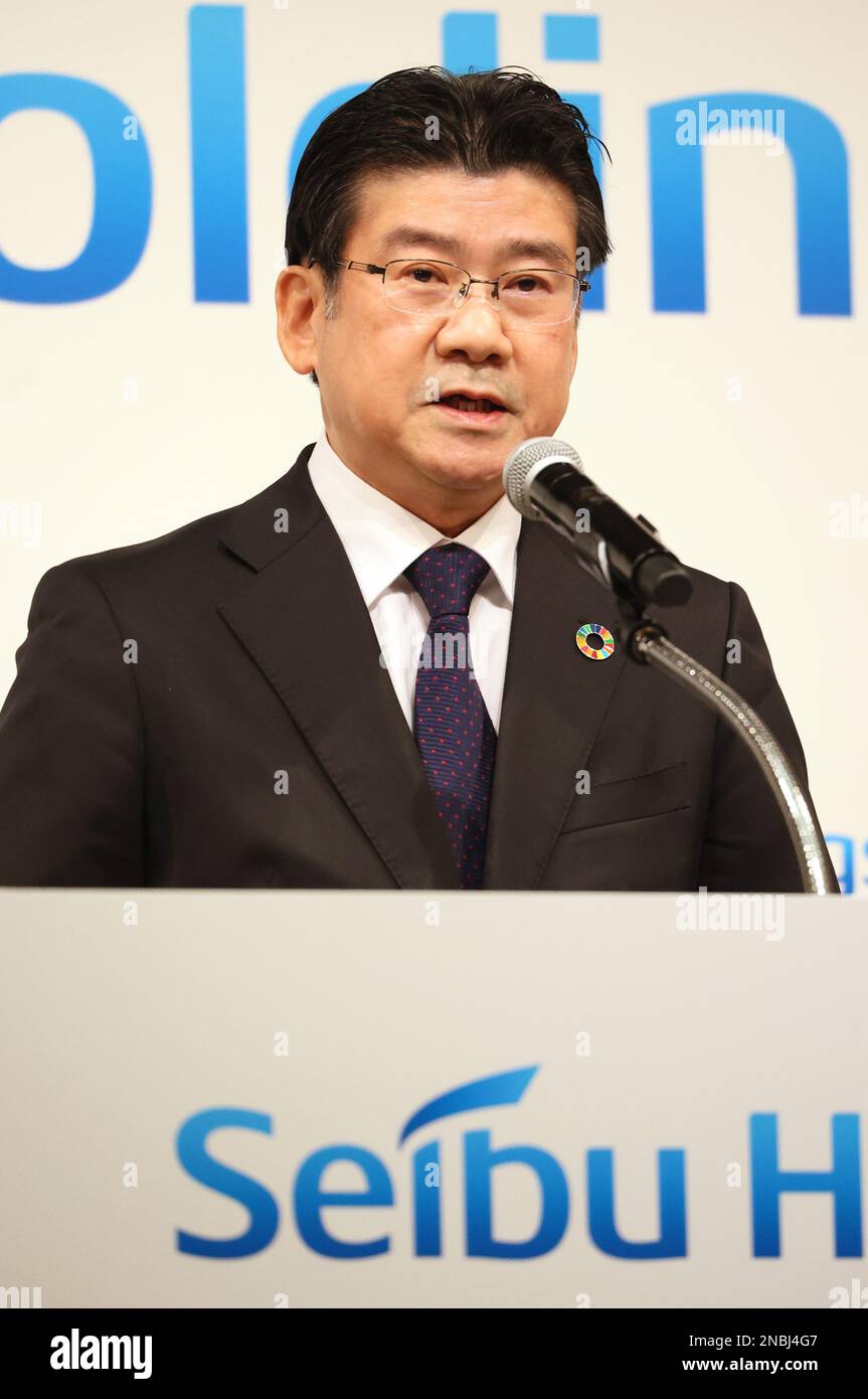 Tokyo, Japon. 14th févr. 2023. Le nouveau président de Seibu Holdings, Ryuichiro Nishiyama, prend la parole lors d'une conférence de presse à Tokyo, mardi, 14 février 2023. Nishiyama deviendra le président de 1 avril, tandis que le président actuel Takashi Goto sera le président du conseil. (Photo de Yoshio Tsunoda/AFLO) Banque D'Images
