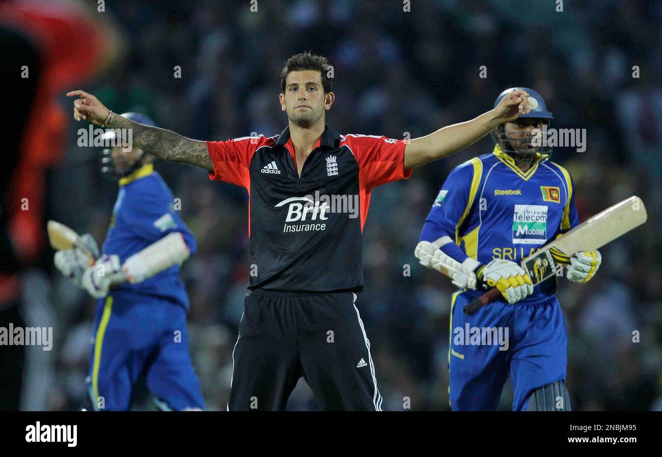 England's Jade Dernbach, center, celebrates taking the wicket of Sri Lanka's Thilina Kandamby, right, as Suraj Randiv runs, left, during the one-day cricket match between England and Sri Lanka at the Oval cricket ground in London, Tuesday, June 28, 2011. (AP Photo/Matt Dunham) Banque D'Images