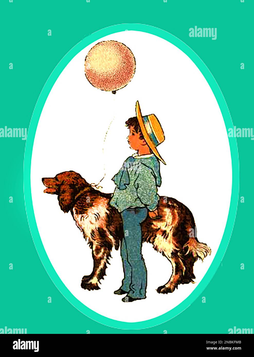 Un 19th siècle peinture colorée d'un jeune garçon bien habillé avec un chien, un chapeau et portant un ballon Banque D'Images