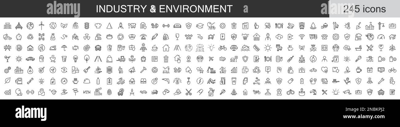 Grand ensemble de 245 icônes de l'industrie et de l'environnement. Collection d'icônes de traits fins. Illustration vectorielle Illustration de Vecteur