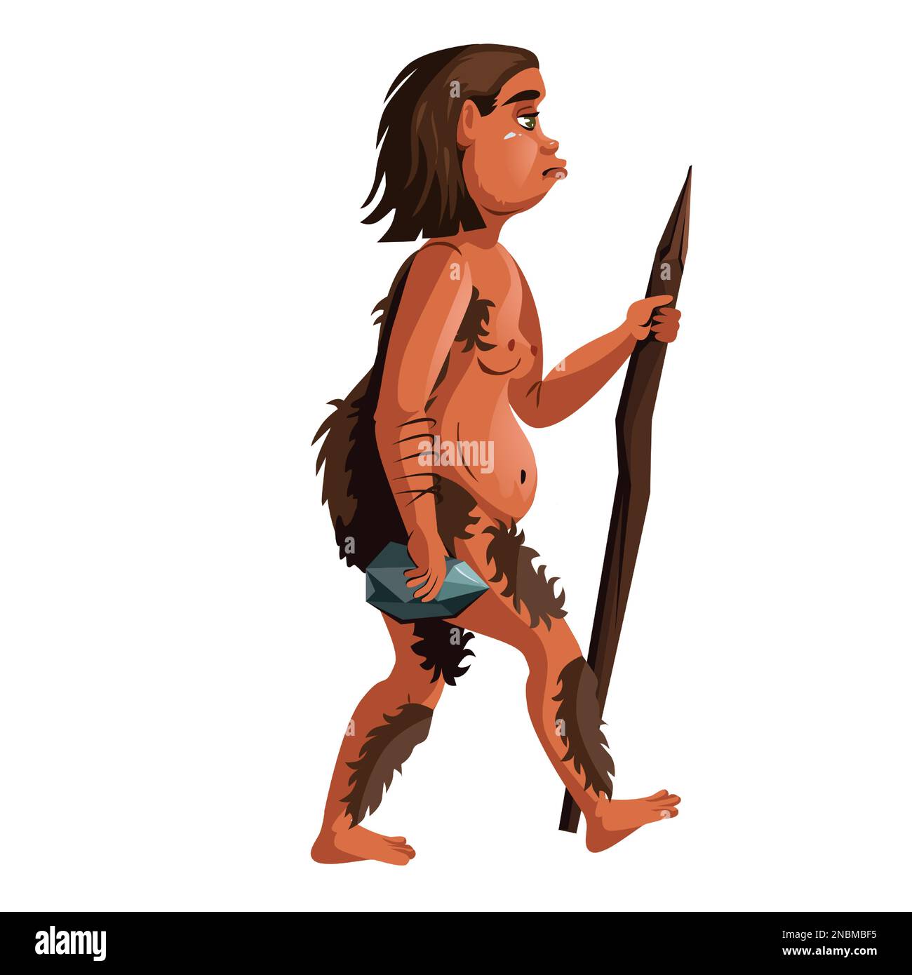 Ancienne homo erectus ou caveman, illustration du vecteur de dessin animé de l'ancêtre humain. Néandertal avec bâton de bois et pierre dans les mains, une des étapes de la théorie de l'évolution de Darwin, isolé sur fond blanc Illustration de Vecteur