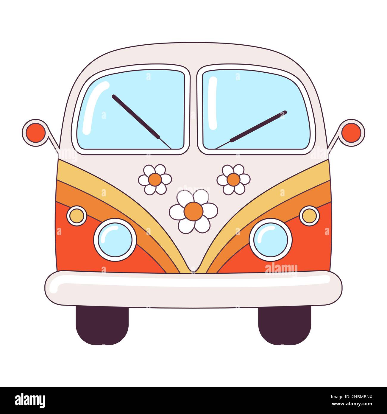 Hippie vintage orange car un mini van rétro bus 1960s, 60s, 70s. Groovy élément de dessin animé psychédélique - illustration funky dans le style hippie. Vecteur plat Illustration de Vecteur