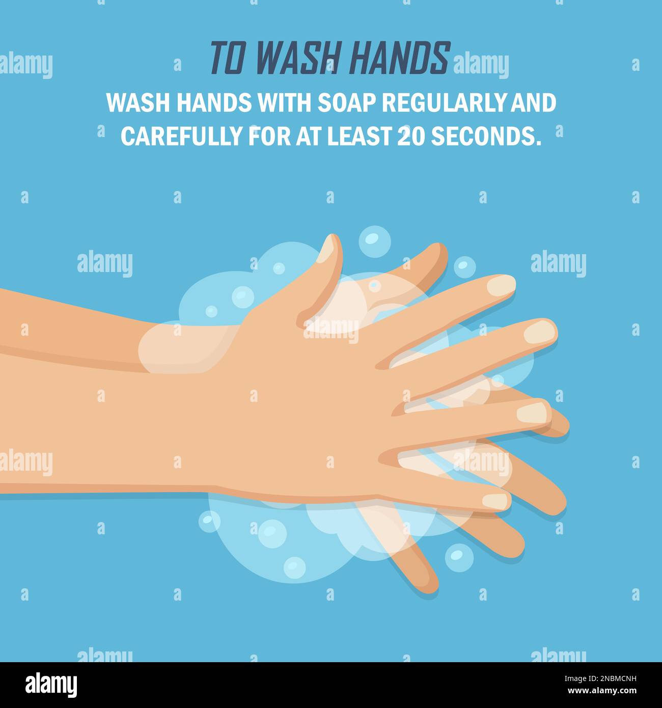 Recommandation lors d'une pandémie de coronavirus. Pour se laver les mains. Se laver les mains avec du savon dans un design plat sur fond bleu Illustration de Vecteur