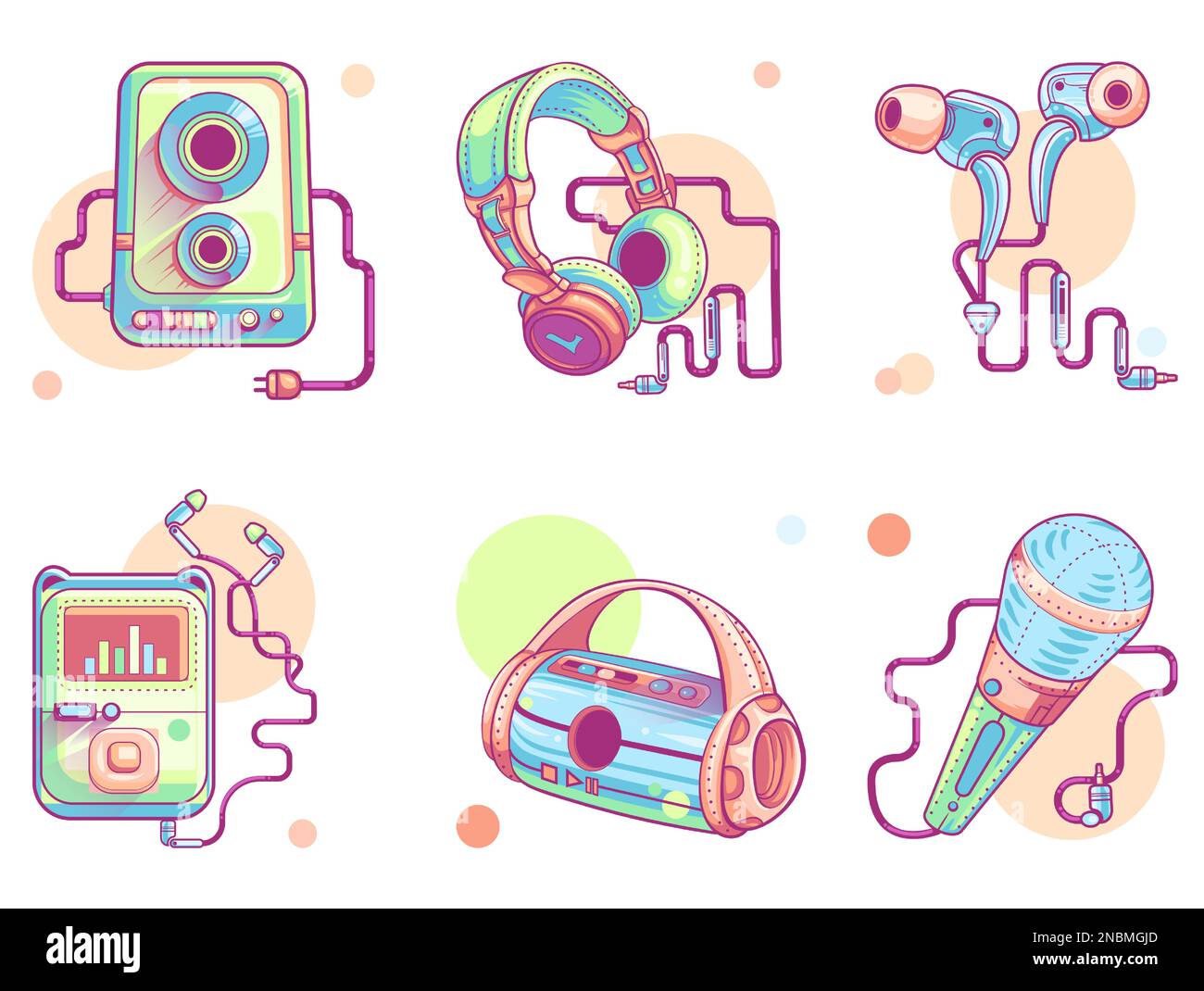 Icônes audio de musique, jeu de dessins vectoriels. Collection moderne de pictogrammes de couleur comprenant des appareils musicaux, un caisson de basses, un haut-parleur portable, un lecteur audio avec écouteurs intra-auriculaires et un microphone isolés sur fond blanc Illustration de Vecteur