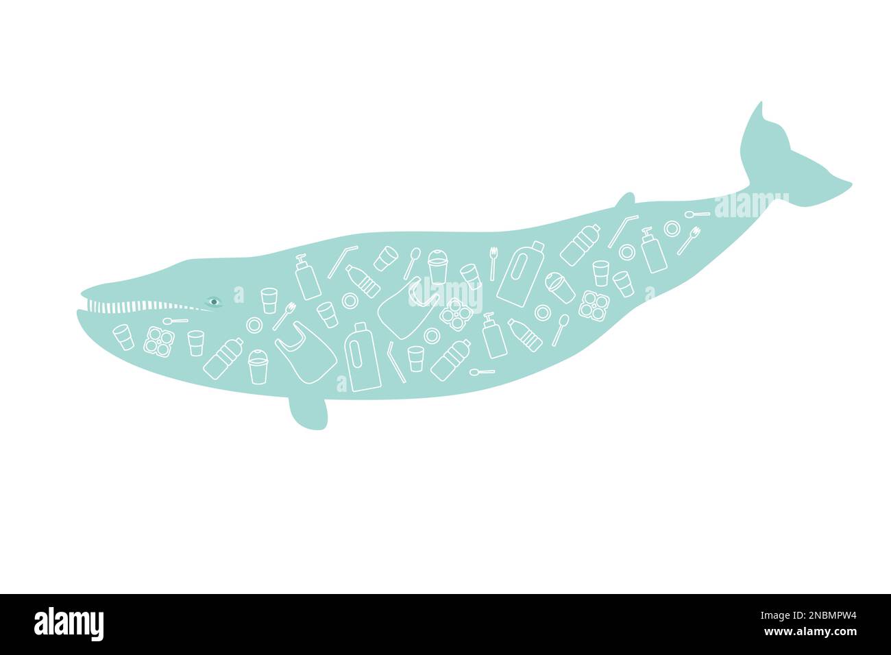 Déchets de plastique à l'intérieur d'une baleine. Baleine bleue ingant la pollution plastique. Illustration de Vecteur