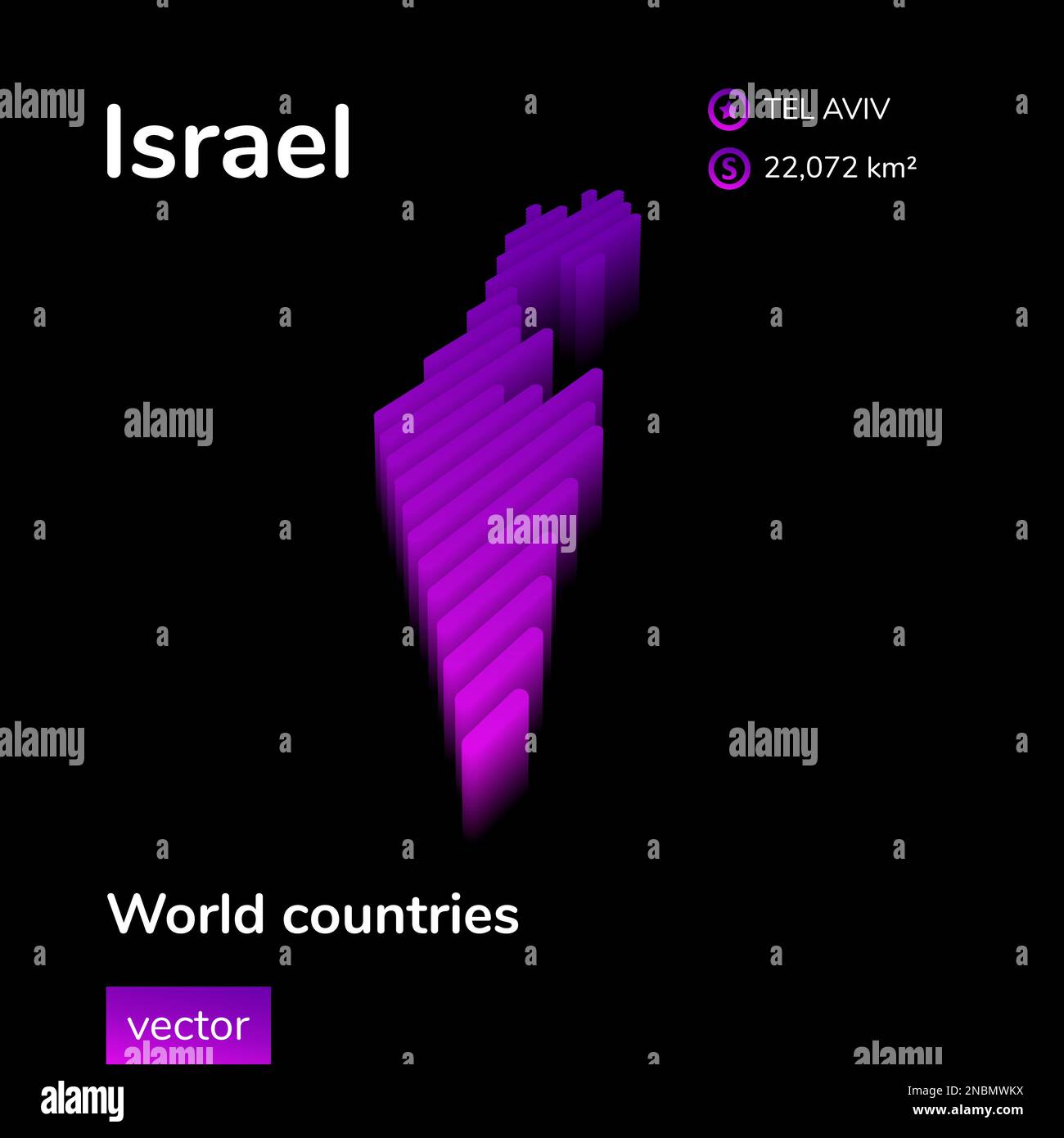 Carte Israël 3D. Carte vectorielle isométrique numérique à rayures stylisées au néon, en violet et en rose, sur fond noir Illustration de Vecteur