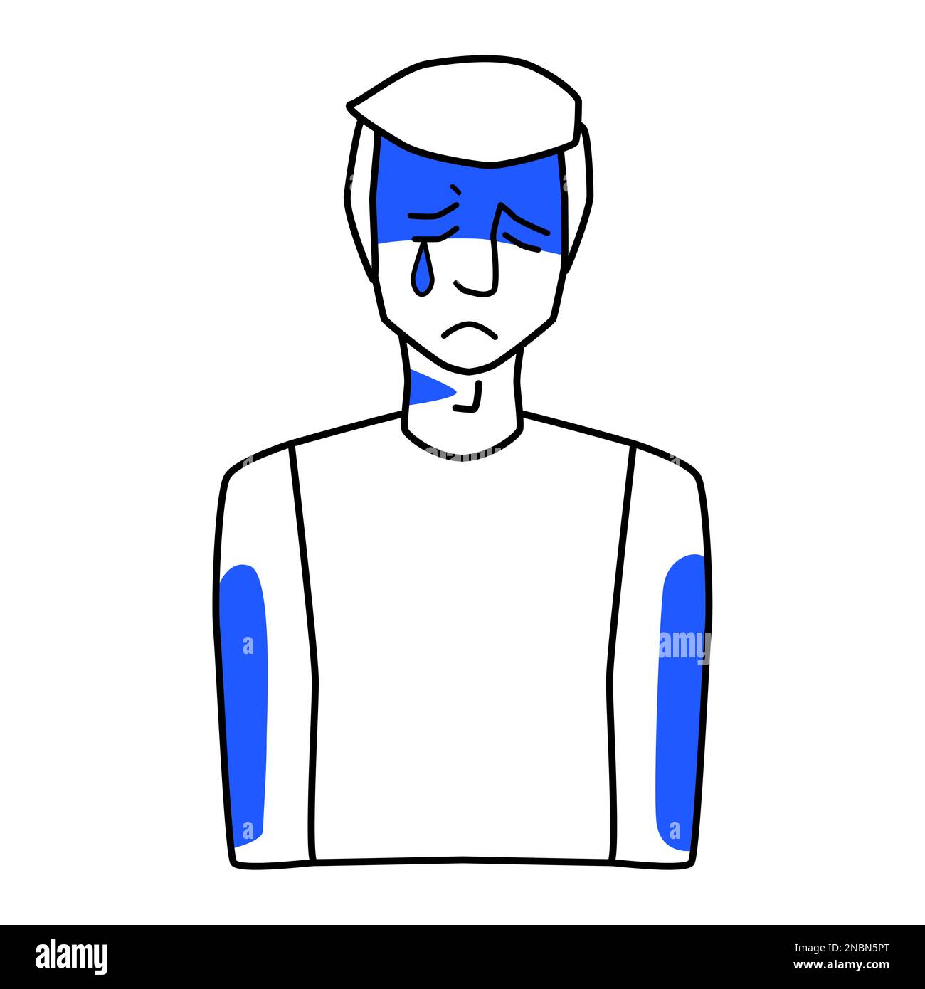 Triste homme blanc, émotion de tristesse. Mélancolie de pleurs adultes mâles, art de ligne, moitié de corps dessin à la main avec des taches bleues. Illustration de Vecteur