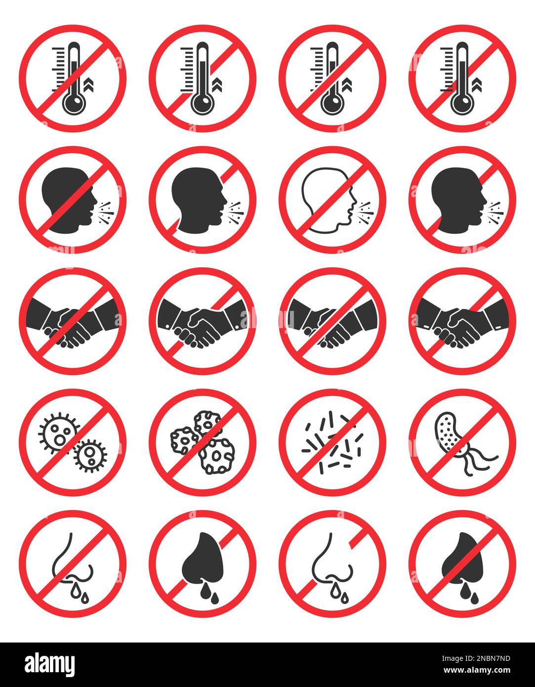 Ensemble d'icônes d'interdiction. Pas de toux, pas de poignée de main, pas de nez qui coule, pas de fièvre, pas de virus Illustration de Vecteur