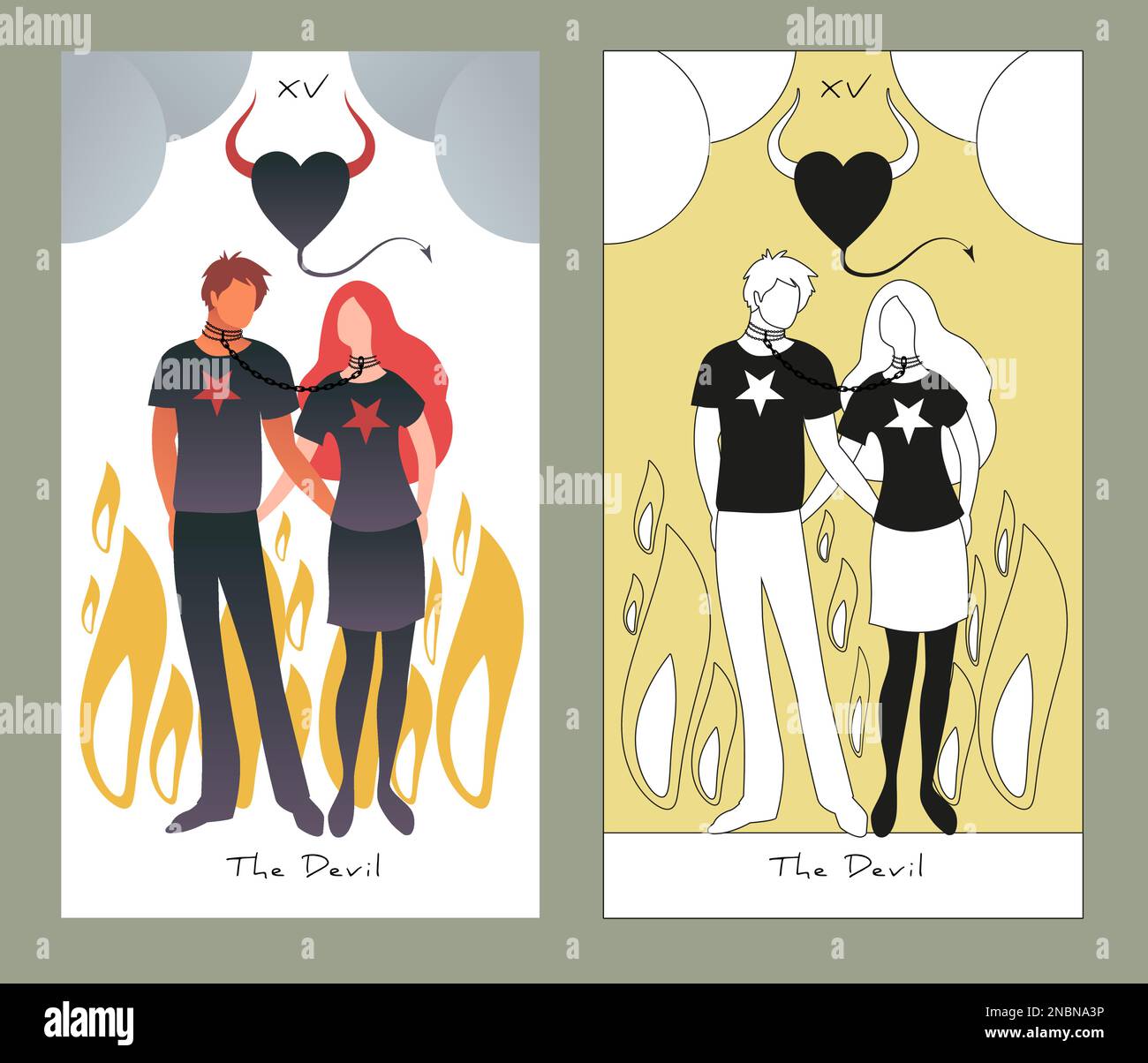 Cartes de Tarot Major Arcana. Design stylisé. Le diable. Jeune couple avec des chaînes autour du cou, coeur avec queue et cornes et flammes autour Illustration de Vecteur